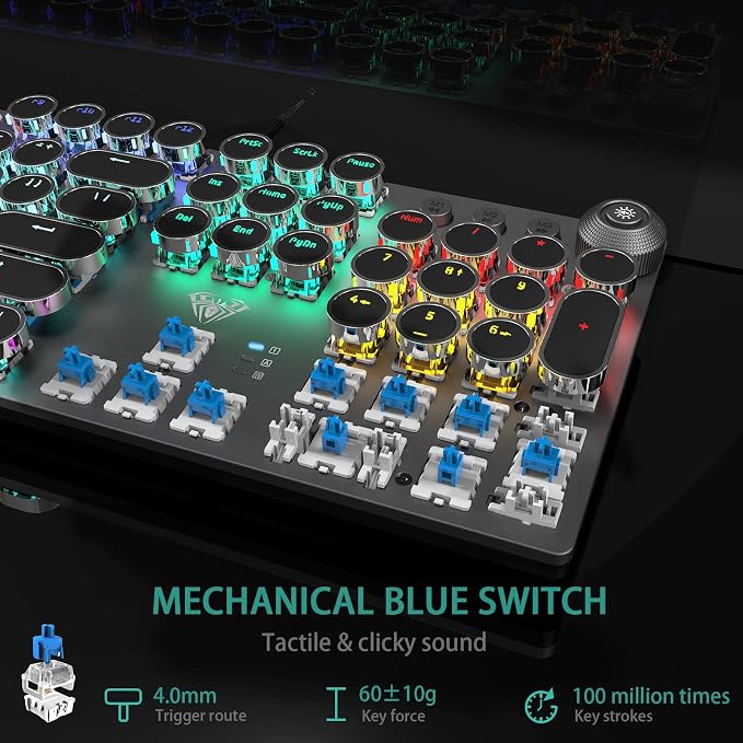 AULA F2088 Typewriter Style Mechanical Gaming Keyboard Wired,Blue Switches,Rainbow LED Backlit,Removable Wrist Rest,Media Control Knob,Retro Punk Round Keycaps,USB Wired Computer Keyboard - Image 5