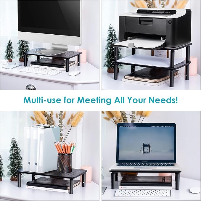 LOTEYIKE TV/Monitor Riser Desktop Stand, Flat Screen, Sturdy Metal Laptop Computer Shelf for Printer, iMac, 3 Height Adjustable PC with Mesh Platform , 2 Pack - Image 7