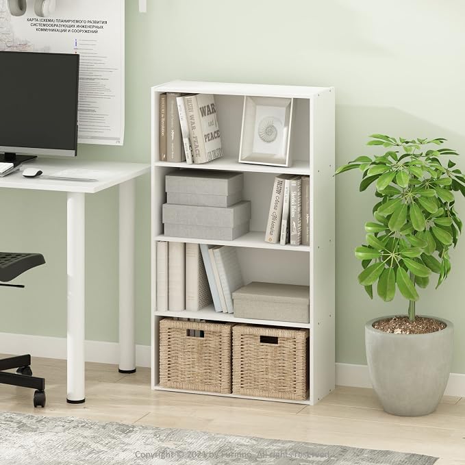 Furinno PASIR Book Shelf, 4-Tier Bookshelf, Bookcase with Open Shelf, 9.4 x 23.6 x 41.7, for Living Room, Bedroom, Home Office, White - Image 2