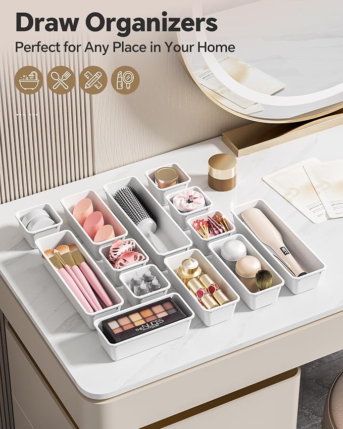 Canfanni 13 Pack Plastic Drawer Organizers Set, 3 Sizes Desk Drawer Organizer Trays for Vanity and Makeup Organizer, Organization and Storage for Makeup, Kitchen Utensils, Bathroom and Office(White) - Image 6
