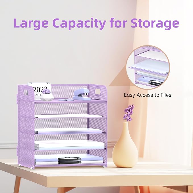 Supeasy 5 Trays Paper Organizer Letter Tray with Handle-Mesh Desk File Holders, Paper Sorter Desk Organizer for Office, Home, Classeoom or School, Purple - Image 4