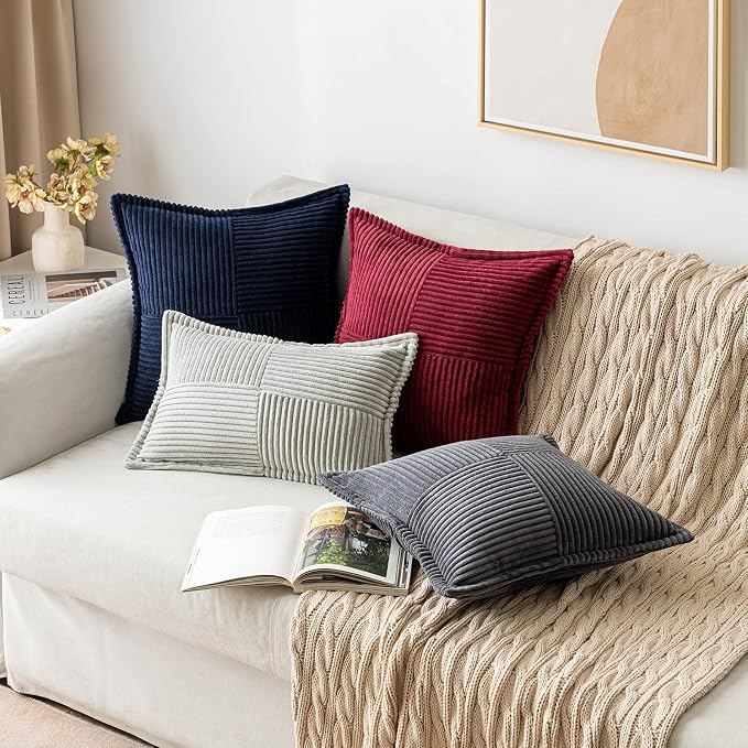 MIULEE Decorative Throw Pillow Covers for Couch Bed Livingroom 12x12 Inch Set of 2 Navy Blue Boho Accent Throw Pllows Broadside Striped Patchwork Soft Corduroy Summer Coastal Pillowcases - Image 4