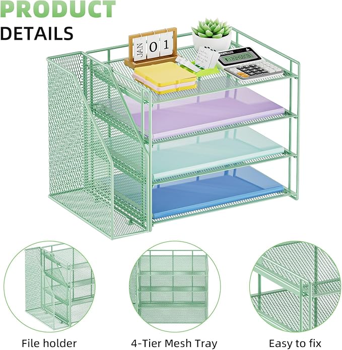 Marbrasse 4-Tier Paper Tray Organizer with File Holder, Green | Sturdy Paper Tray, Built-in File Holder, fits Letters/Docs, Saves Desk Space, for School/Office/Home - Image 4