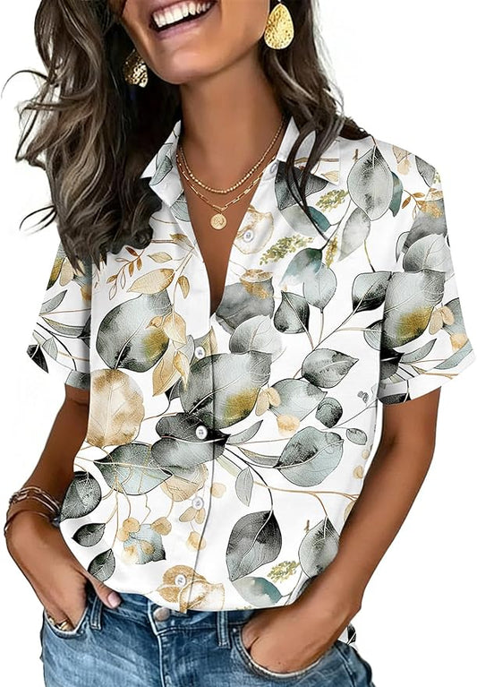 Zeagoo Button Down Shirts for Women Short Sleeve Collared Tops Dressy Casual V Neck Blouses by Zeagoo