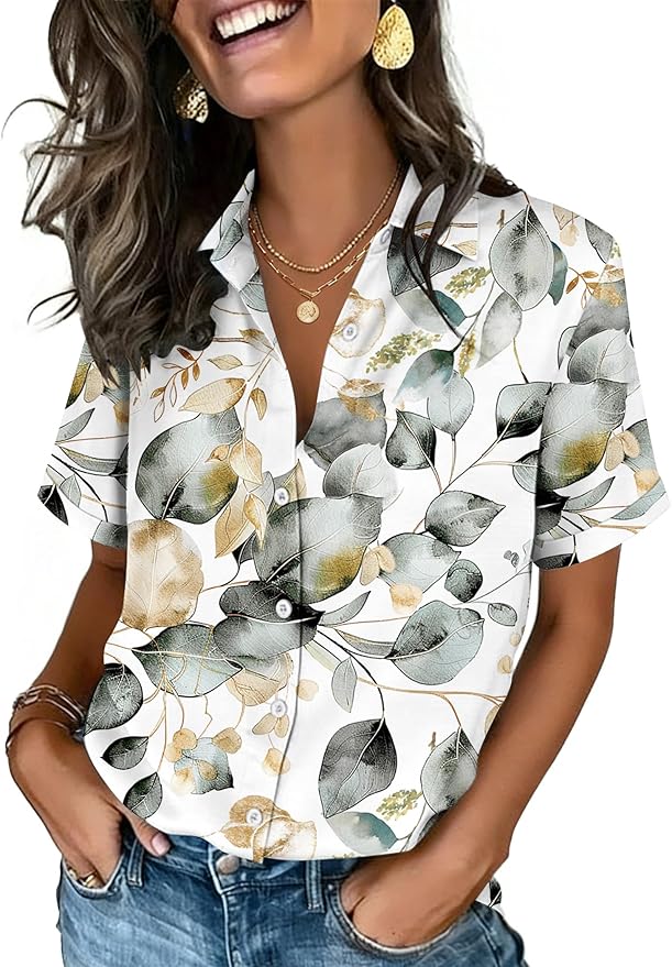 Zeagoo Button Down Shirts for Women Short Sleeve Collared Tops Dressy Casual V Neck Blouses by Zeagoo