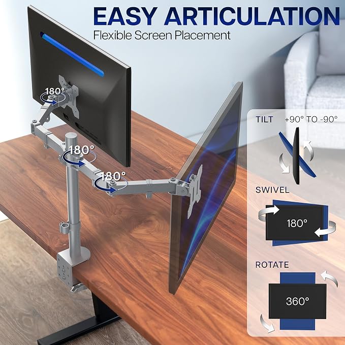VIVO Dual Monitor Desk Mount, Heavy Duty Fully Adjustable Steel Stand, Holds 2 Computer Screens up to 30 inches and Max 22lbs Each, Gray Color, STAND-V002-GY - Image 3