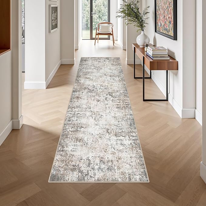 2.6'x10' Runner Rug Washable Rug: Modern Abstract Soft Thin Runner Rug Brown Grey - Image 2