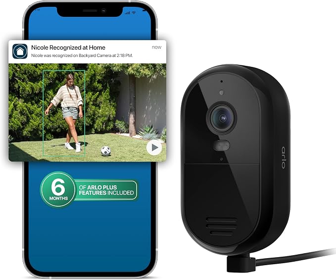 Arlo Essential Security Camera 2K (2025 Release) + 6 Months of Secure Plus Plan - Continuous Wired Plug-in Power Outdoor Camera, Person Recognition, Package Detection, Animated Preview, 1 Cam, Black by Unknown