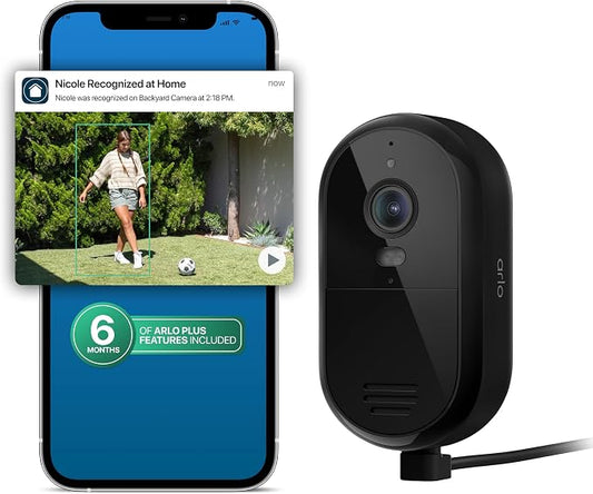 Arlo Essential Security Camera 2K (2025 Release) + 6 Months of Secure Plus Plan - Continuous Wired Plug-in Power Outdoor Camera, Person Recognition, Package Detection, Animated Preview, 1 Cam, Black by Unknown