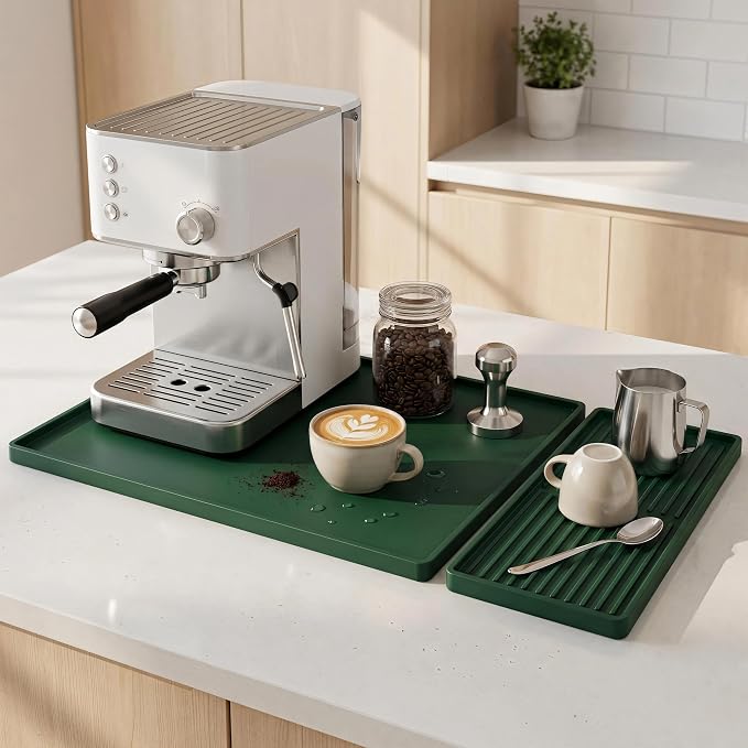 Silicone Coffee Mat 24 x 16 in with Tray, Deep Forest Green | Coffee bar mat for countertop use, coffee station mat or coffee machine mat with removable tray and 0.47 in raised rim. by DXOKNQG