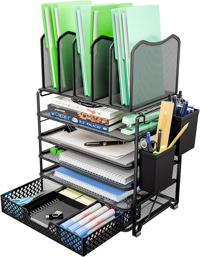Simple Trending 5 Tier Mesh Desk File Organizer, Paper Letter Tray File Holder with Sliding Drawer Organizer for Office Home, Black by SimpleTrending