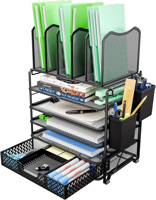 Simple Trending 5 Tier Mesh Desk File Organizer, Paper Letter Tray File Holder with Sliding Drawer Organizer for Office Home, Black by SimpleTrending