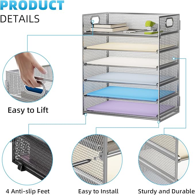 Marbrasse 2 Pack Desk Organizer with Handle, 6 Tier Paper Letter Tray, Mesh Desk File Organizer for Office, School and Home - Silver - Image 4