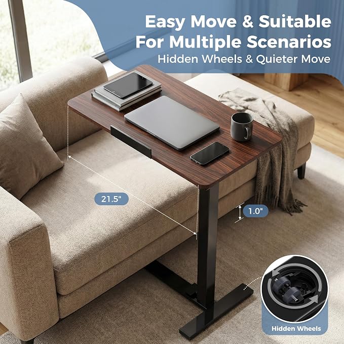 Overbed Table Adjustable Bedside Desk with Wheels Brown | Pneumatic Lift Design Offers Easy Height Adjustment for Bed and Sofa Use - Image 5