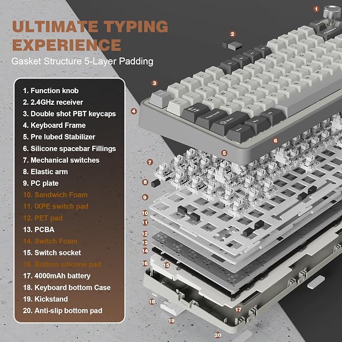 YUNZII B75 PRO 75% Wireless Mechanical Keyboard (Grey,Milk Switch) | Hot Swap Keyboard with Knob, Gasket Mount, Creamy Pre-lubed Switch for Smooth Typing, BT/USB-C/2.4G, for Gaming - Image 4