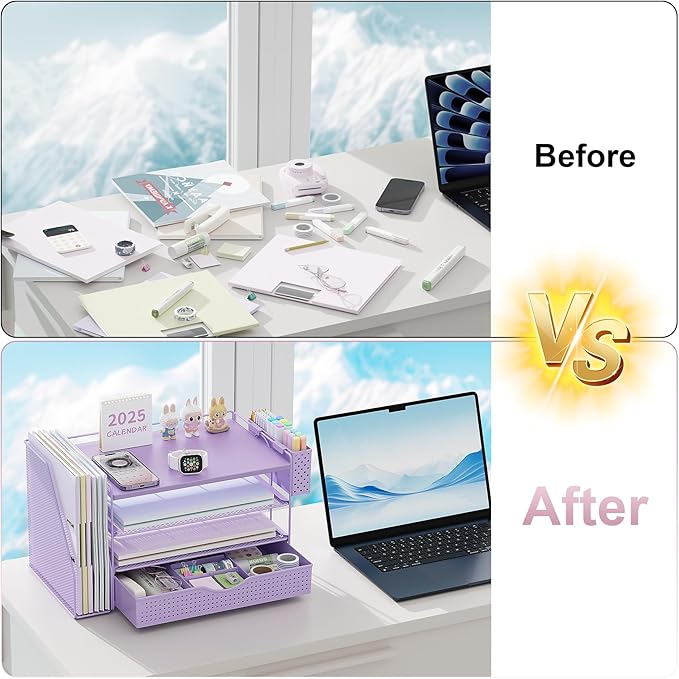 gianotter Wood Desk Organizers and Accessories with File Holder, 4-Tier Desk Accessories & Workspace Organizers with Drawer and Pen Holder, Desk Reference Organizer (Purple, 4T with Drawer) - Image 2
