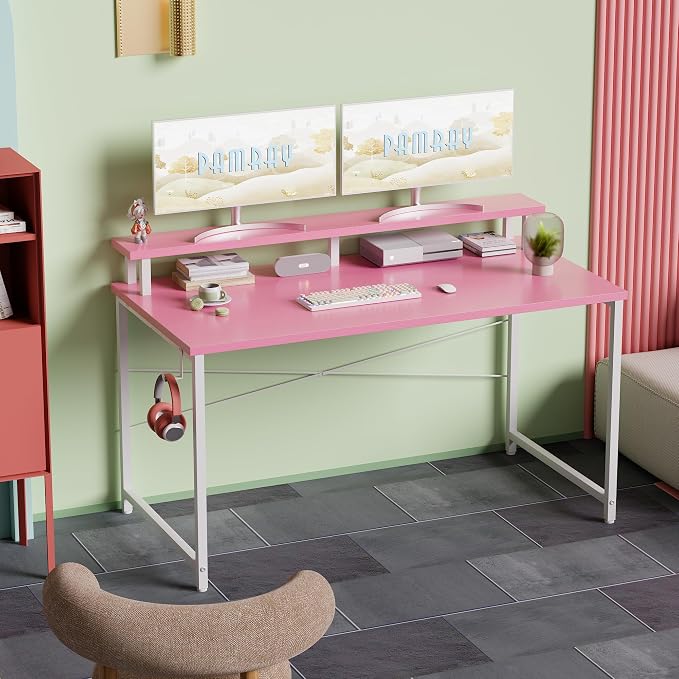 Pamray 47 Inch Small Computer Desk with Monitor Stand, Simple Office Desk with Headphone Hook for Small Spaces, Kids Study Writing Table for Bedroom, Pink - Image 2