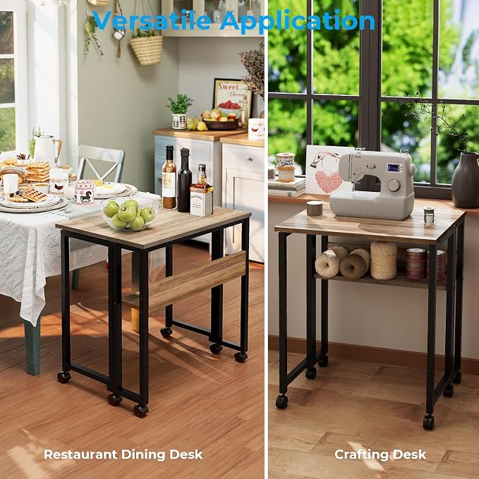 GreenForest Folding Desk with Wheels, 24.8" Rolling Table for Small Spaces | Storage Shelf, Lockable Casters, Compact Portable Workstation, Space-Saving Foldable Sofa Table, Home Office, Mobile, Grey - Image 7