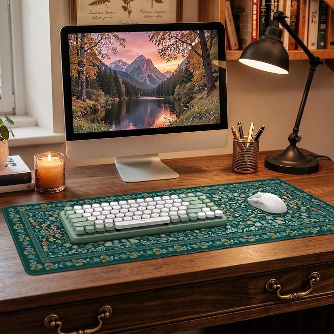 iCasso Aesthetic Floral Desk Mat,Retro Mouse Pads,31.5x11.8in,Deep Green | Anti-Slip Mousepad with Stitched Edges, Waterproof Computer Pad, Desk Accessories Office Decor for Women - Image 9