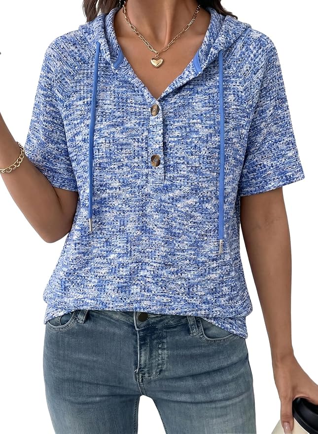Dokotoo Womens Summer Tops 2026 Short Sleeve Button V Neck Waffle Knit Lightweight Drawstring Hoodies Casual Blouses Shirts by Dokotoo