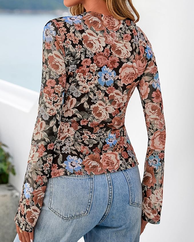 BTFBM Button Down Shirts for Women 2026 Fall Boho Tops V Neck Long Sleeve Blouses Ruched Mesh Fitted Fashion Clothing - Image 3