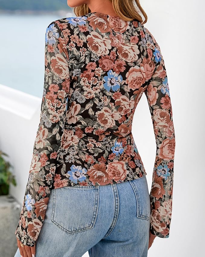 BTFBM Button Down Shirts for Women 2026 Fall Boho Tops V Neck Long Sleeve Blouses Ruched Mesh Fitted Fashion Clothing - Image 3