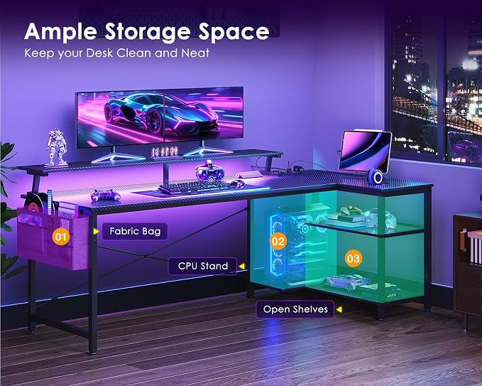 ODK 66 Inch L Shaped Gaming Desk with LED Lights, Power Outlets, Black | Adjustable Monitor Stand, Open Storage Shelves, Hanging Side Bag, PC Tower Stand, Reversible Layout for Gaming - Image 7