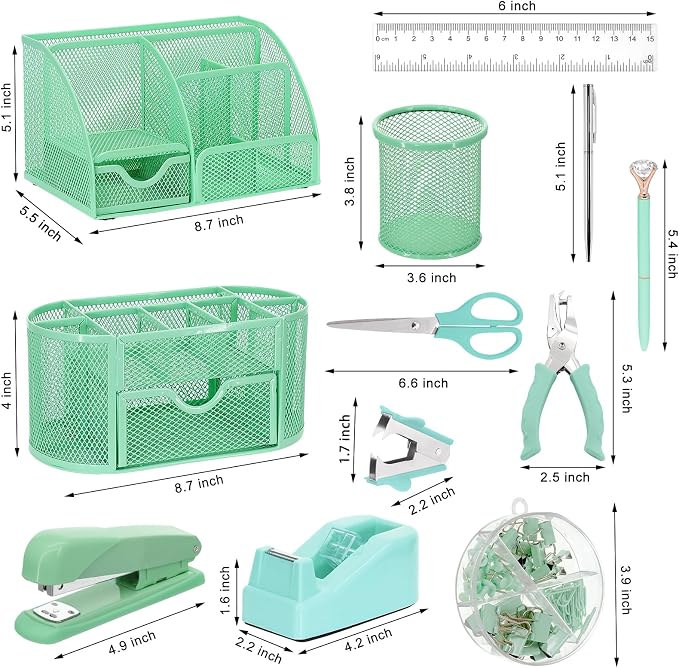 17 in 1 Green Desk Organizers and Accessories Set, 3 Office Desk Supplies Storage Organization, 4 Pens, Stapler, Staples & Remover, Tape & Dispenser, Scissors, Ruler, Clips, Hole Punch, Back to School - Image 2