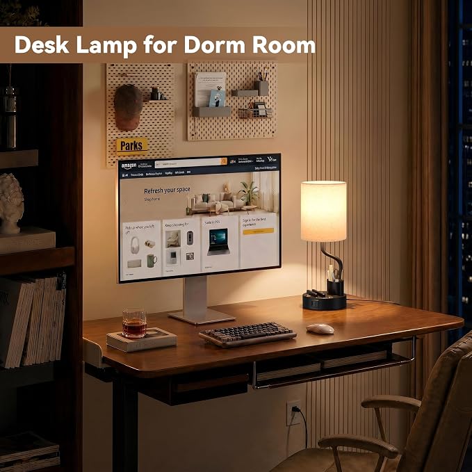 Fenmzee Bedside Lamps for Bedroom Set of 2 - Table Desk Lamp for Nightstand | 15" Table Lamp for Living Room with Pen Holder & Phone Stand, USB A+C Port, AC Outlet, 3 Color Temperature, LED Bulb Included - Image 2