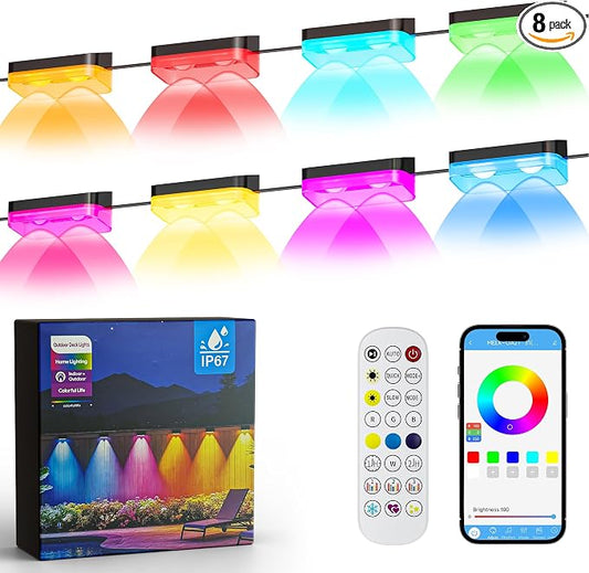 Outdoor Fence Lights, 8 Packs Smart Outdoor Deck Lights RGBCW+IC, with App/Remote Control, Color Changing Lights for Fence, IP67 Waterproof for Backyard Railing Decor (50FT) by LPHIANX