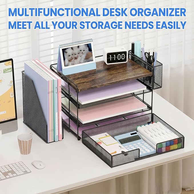 OPNICE Desk Organizers and Accessories, 4-Tier Desktop File Organizer with Drawer and Pen Holders, Office Desk Accessories Workspace Organizers for Office Supplies (Wood) - Image 3