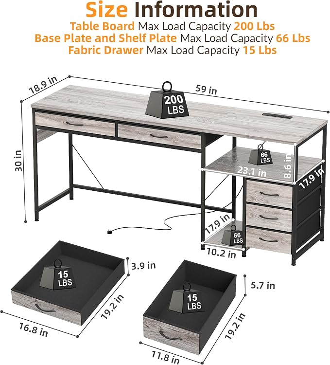 YOSHOOT 60" Computer Desk with 5 Fabric Drawers, Gaming Desk Table | Desk with Storage and Power Outlets, for Adults and Teenagers Working Writing Study, Grey - Image 3