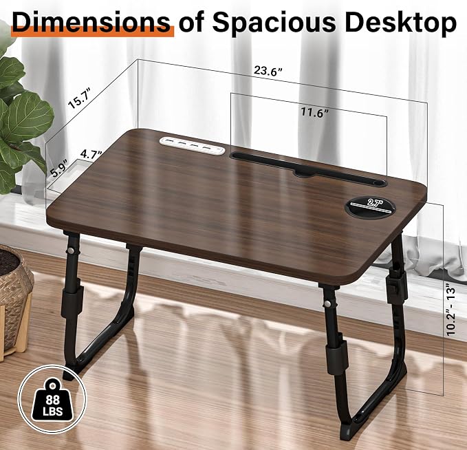 Lap Desk for Bed, Adjustable Laptop Desk with USB Charging Port, Storage Drawer & Bookshelf — Foldable Bed Desk for WFH & Students, 23.6" Desktop Fits 21" Laptop, Non-Slip, Walnut - Image 4