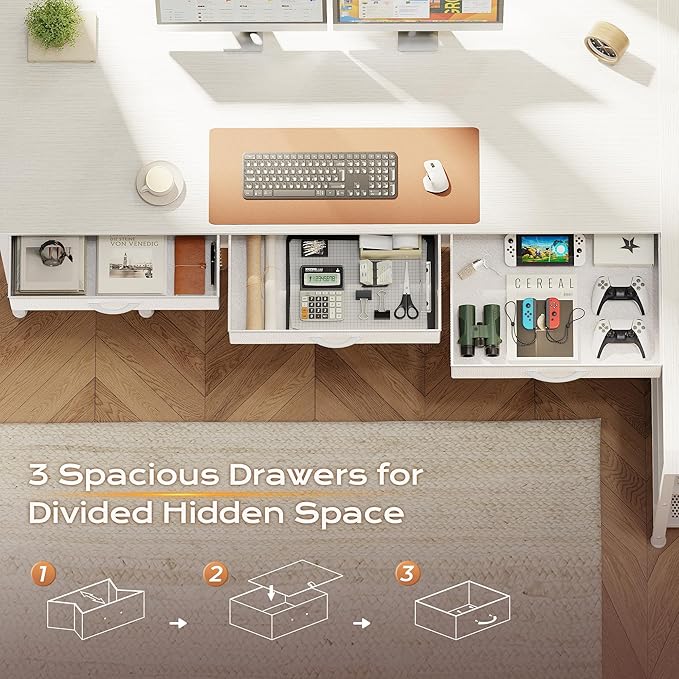 PRAISUN 63 Inch L Shaped Office Desk with Power Outlets and Type-C Port, Large Computer Gaming Desk with 3 Fabric Drawers, Mesh Shelves, Corner Study Work Writing Desk, White - Image 7
