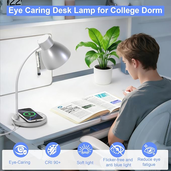 LED Desk Lamp for Home Office with Wireless Charger, Silver | 3 Color Modes Dimmable Eye-Caring Study Reading Dorm Desk Lamp, 360° Flexible Arm Table Lamp for College Dorm Room, 800 Lumen - Image 5