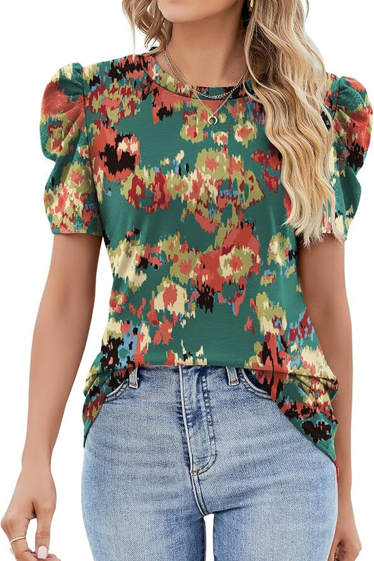 Ivicoer Puff Short Sleeve Shirt for Women Eyelet Tops Summer Crewneck Blouse Loose Fit S-XXL by Ivicoer