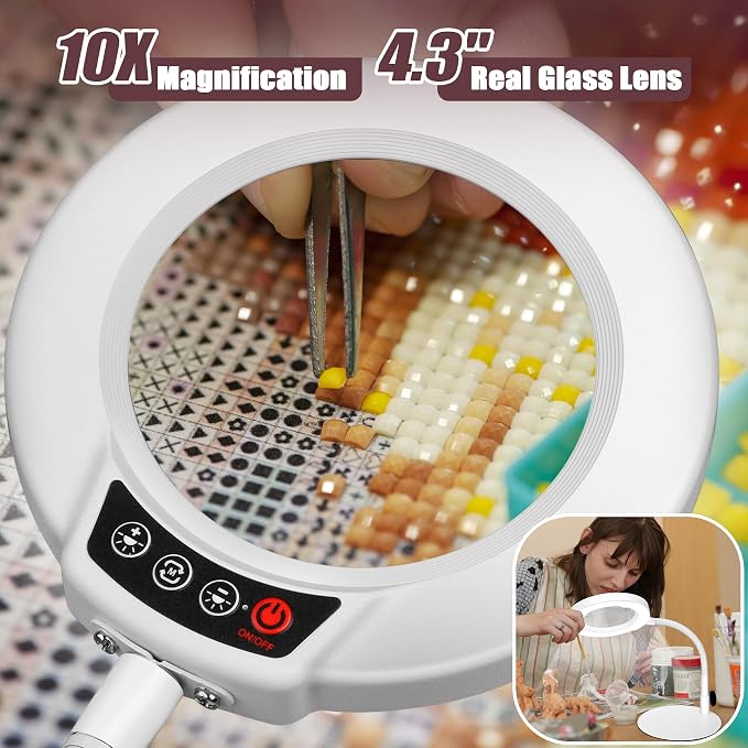 10X Magnifying Glass with Light and Stand, 16.5in Flexible Goose-Neck, 5 Color Modes Stepless Dimmable LED Lighted Desk Lamp, Hands Free Magnifier for Crafting Hobby Painting Close Work - White - Image 3