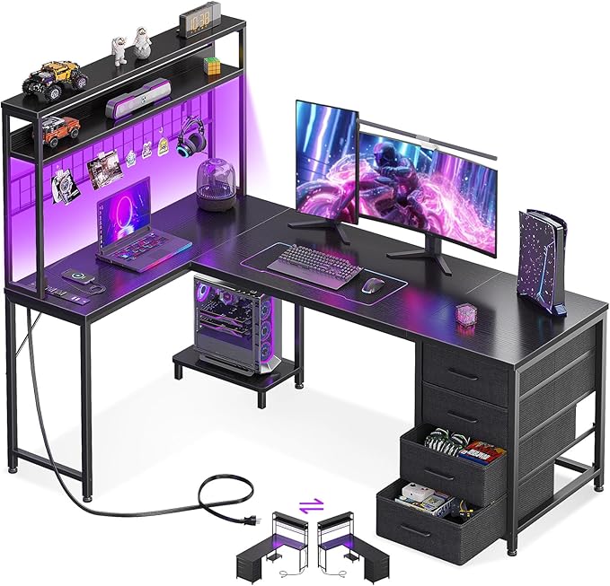 AODK L Shaped Desk Gaming Desk with LED Light & Power Outlet | 59 Inch Black Reversible L Shaped Computer Table with 4 Drawers for Home Office by AODK