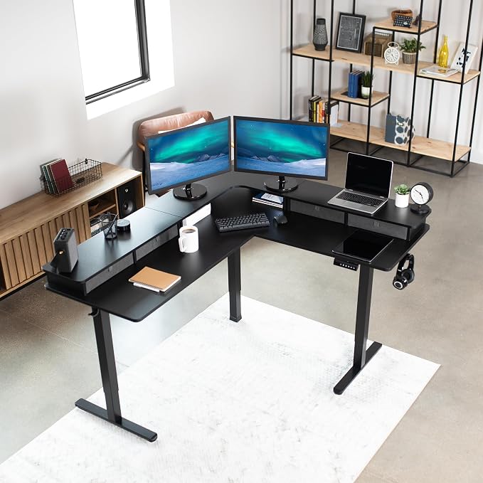 VIVO Black 63 x 55 in Corner Standing Desk, DESK-E3CVB | Electric, 2-Tier, L-Shaped, Sit Stand, Height Adjustable, Memory, Black Top, Black Frame, Dark Gray Drawers - Image 7