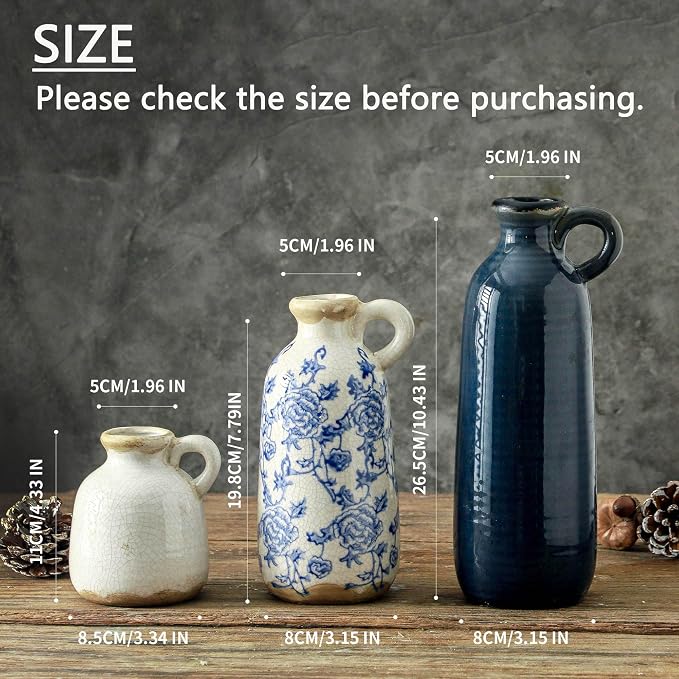 Ceramic Vase Set of 3 with Handle, Vintage Rustic Vases Home Decor Farmhouse Decorative Vase Pottery Decor Modern for Table Mantel Entryway Bookshelf Living Room Kitchen Bedroom - Blue - Image 2