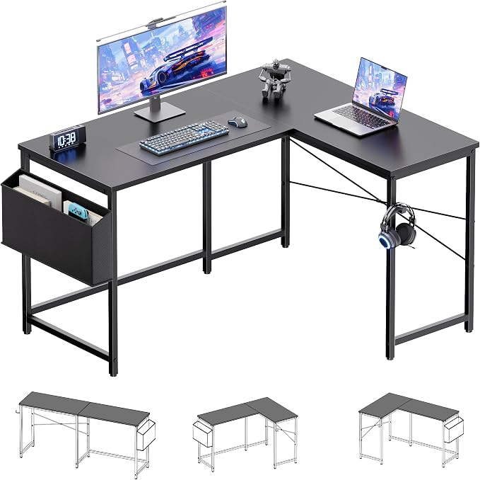 Pamray 47 Inch Reversible L Shaped Gaming Desk Corner Computer Desk with Storage Bag Home Office Table for Writing Study Black - Image 4