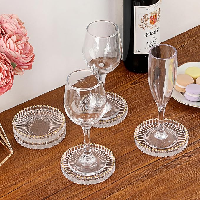 Set of 5 Modern Clear Coaster, Glass Coasters for Drinks, Crystal Coasters Round Cup Mat, Coffee Table Decor for Office, Kitchen, Bar, Dining Room, Living Room, Patio (Clear with Gold Rim) - Image 2