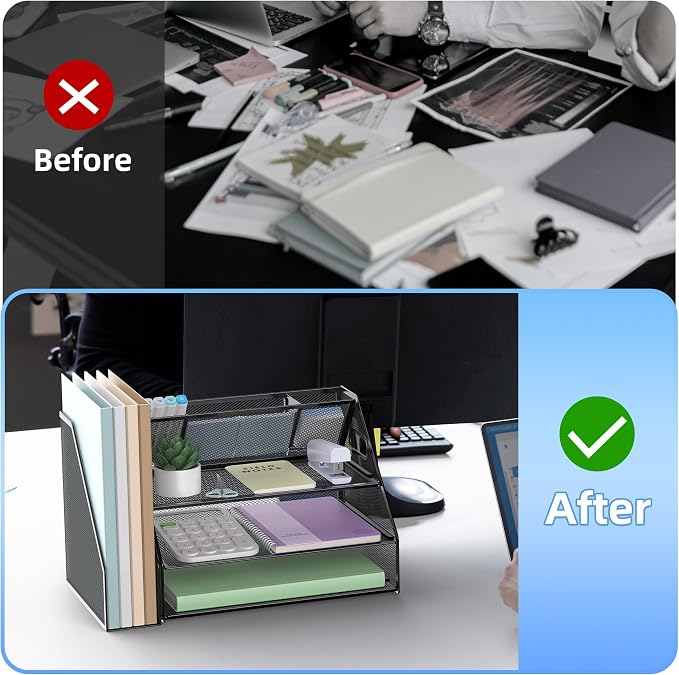 Docnest 3 Tier Desk Organizer with File Holder & Pen Holder, Black | Features 3 built-in pen holders with removable dividers. Space-saving mesh storage for office mail, files & stationery - Image 3