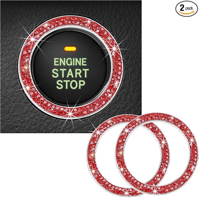 Kewucn 2 PCS Bling Crystal Double Rhinestone Car Engine Start Decoration Ring, Sparkling Push Start Button Sticker, Key Ignition & Knob Ring Decoration, Bling Car Interior Accessory(Red) by Kewucn