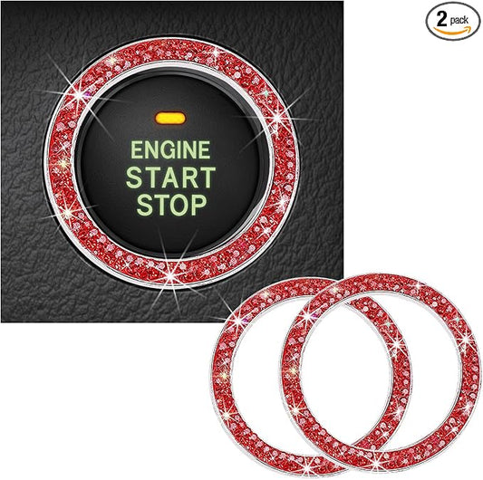 Kewucn 2 PCS Bling Crystal Double Rhinestone Car Engine Start Decoration Ring, Sparkling Push Start Button Sticker, Key Ignition & Knob Ring Decoration, Bling Car Interior Accessory(Red) by Kewucn