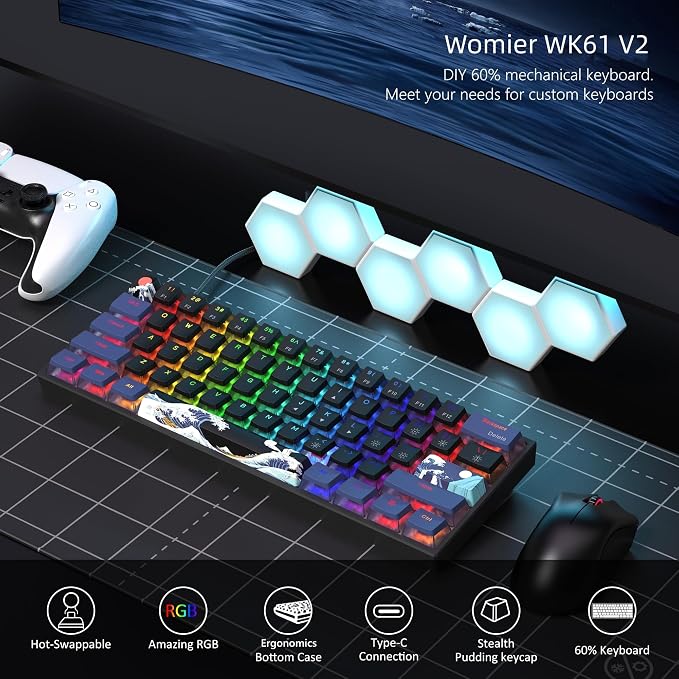 Womier 60% Percent Keyboard Gaming, Creamy Mechanical Wired Keyboard Anime | Hot-Swappable RGB Key board with PBT Keycaps for Windows PC Gamers - POM Linear Red Switch WK61 V2 Black Kanagawa - Image 2