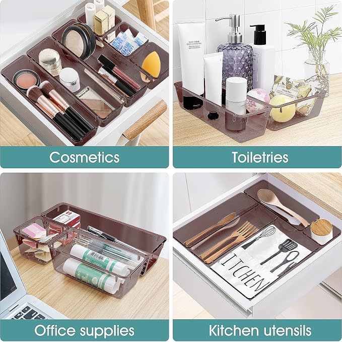 WOWBOX 25 PCS Plastic Drawer Organizer Set, 4 Sizes Desk Drawer Divider Organizers and Storage Bins for Makeup, Jewelry, Gadgets for Kitchen, Bedroom, Bathroom, Office, Clear Brown - Image 5