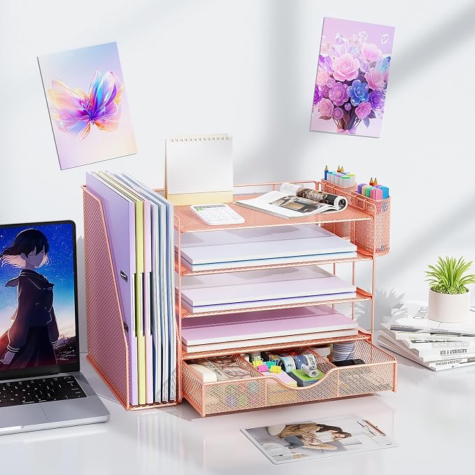 gianotter 5-Tier Desk Organizer with Drawers and File Holders | Letter Trays and Pen Holders - Workspace Accessories for Office Supplies (Rose Gold) - Image 6