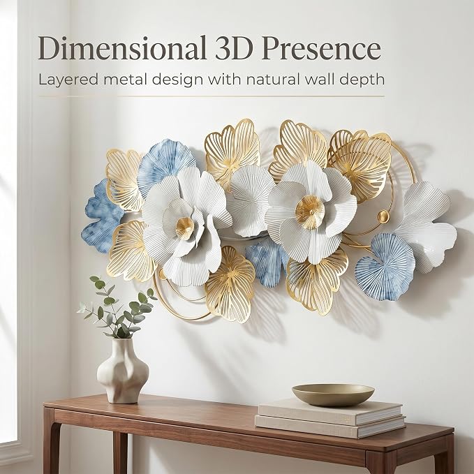 Axioglo 51" Large Wall Decor,3D Floral Metal Wall Art for Living Room | 51" x 22" metal wall decor with layered metal texture, mounting hardware, two-way display - Image 5