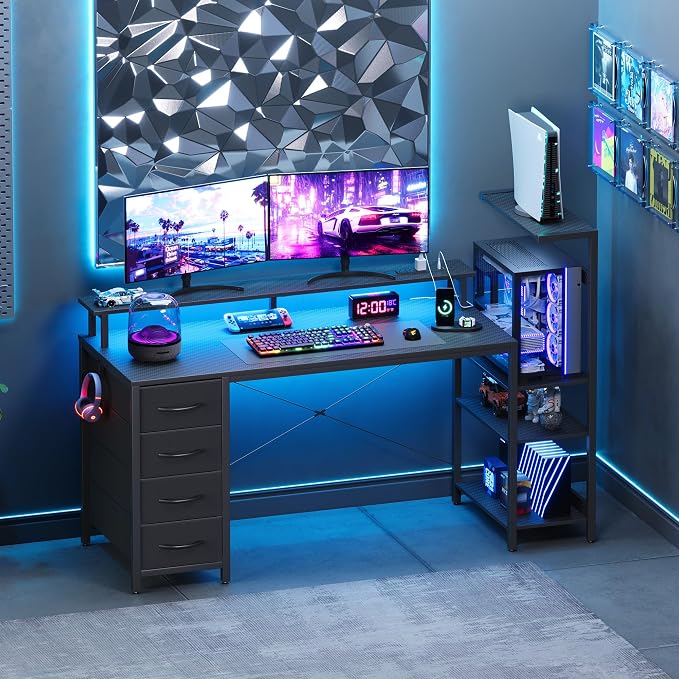 59 Inch Gaming Desk with Drawers & PC Tower Stand & LED Lights, Black | Reversible, Monitor Shelf, Power Outlets, Carbon Fiber, Mesa Gamer, Computer Desk with Storage, Gaming Table for Home Office - Image 2